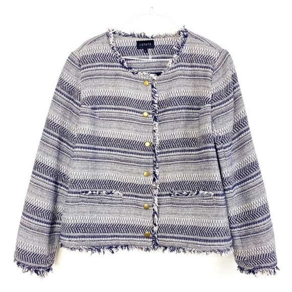1.STATE Rustic Fringe Stripe Tweed Jacket Blue / White 51323 - Picture 3 of 7